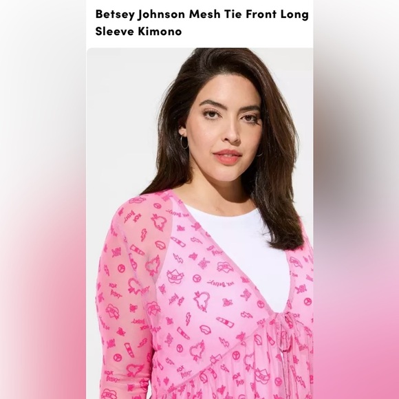 Betsy Jonson Torrid Collab Pink Mesh Long Sleeve Tie Front Print Kimono Size 2 - Picture 3 of 12